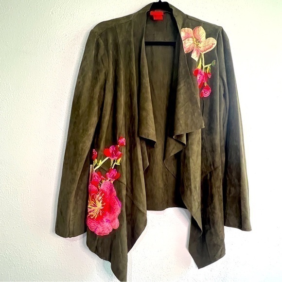 V Cristina Sweaters - V CRISTINA OLIVE FAUX SUEDE  EMBROIDERED LONG-SLEEVED CARDIGAN/JACKET SZ M, EUC.